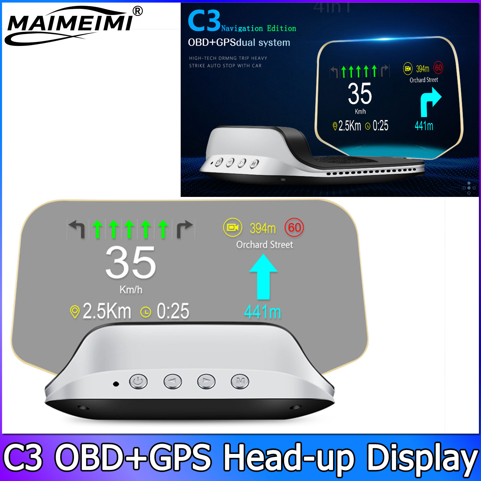 Obd2 Hud Speedometer Projector - Proyeksi Navigasi QC C3 Mobil OBD2+GPS